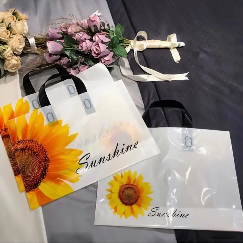 Sunshine Sunflower Plastic Tote Bags - 10 pcs